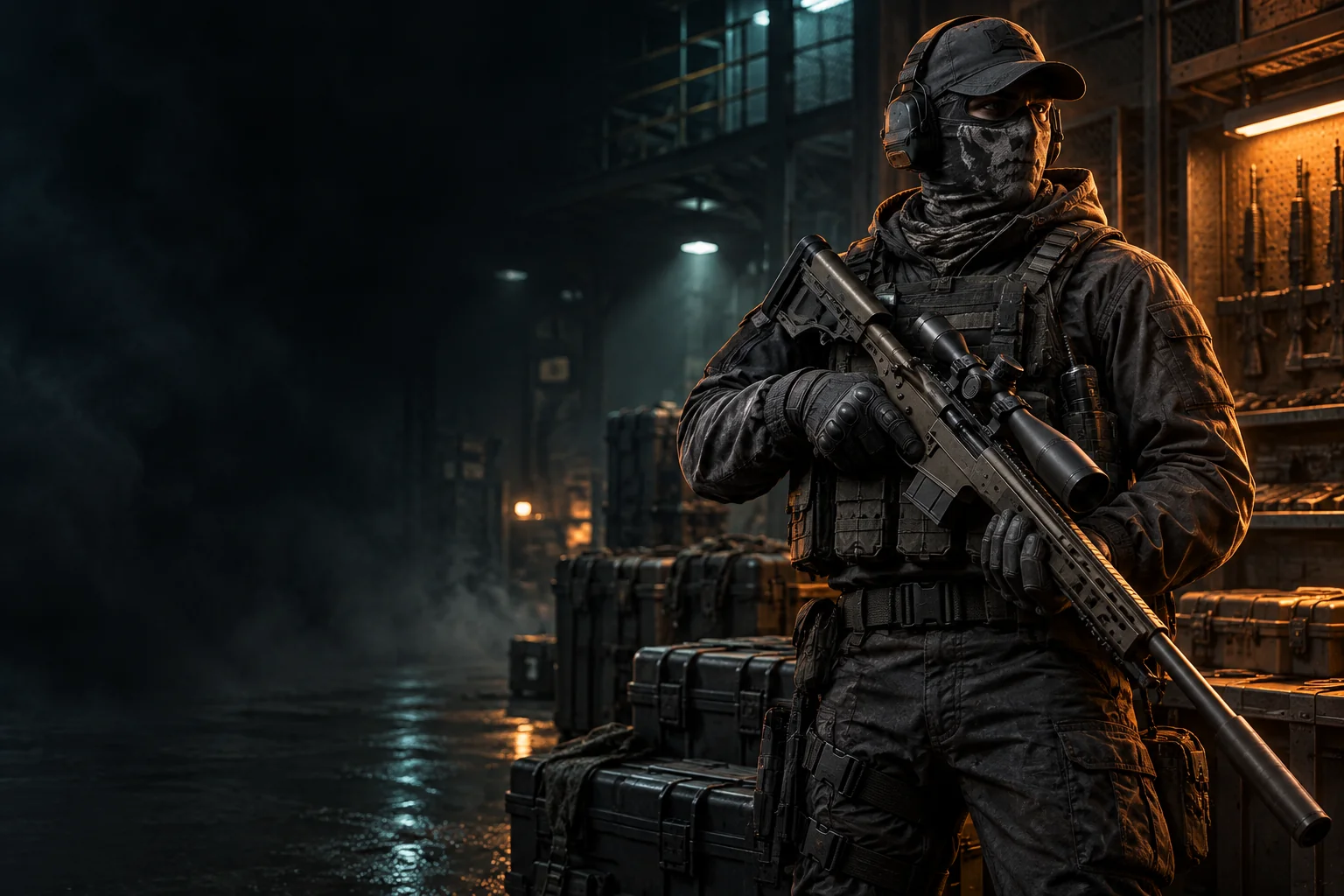 Original tactical sniper in a dark industrial armory with weapon cases